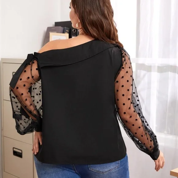 Boho Black Polka Dot Off Shoulder Top - Picture 4 of 8